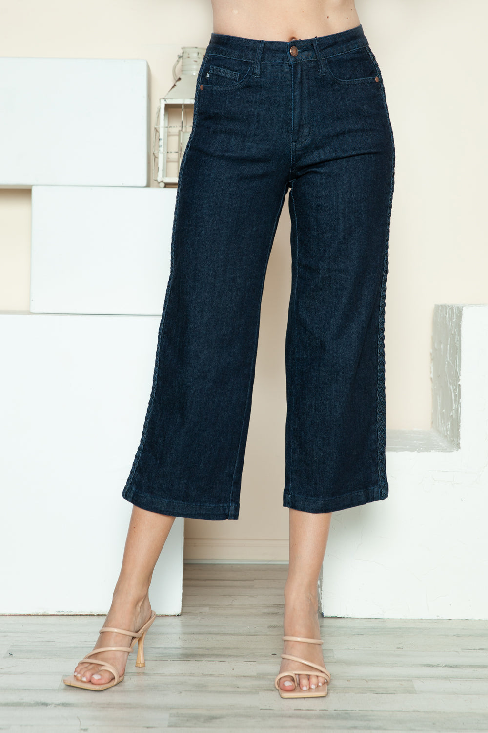 Judy Blue Full Size Side Seam Braid Detail Crop Wide Leg Jeans - Fashions Envy