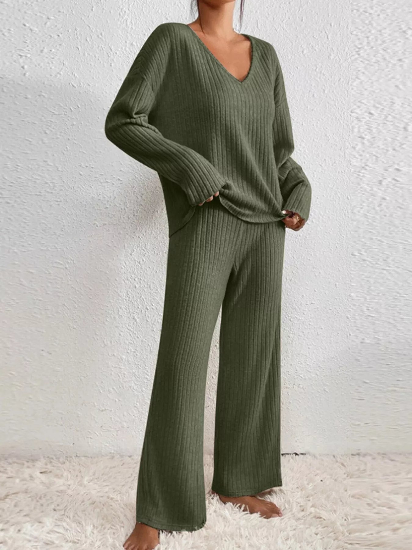Ribbed Loungewear Set - V-Neck Top Wide-Leg Pants - Fashions Envy
