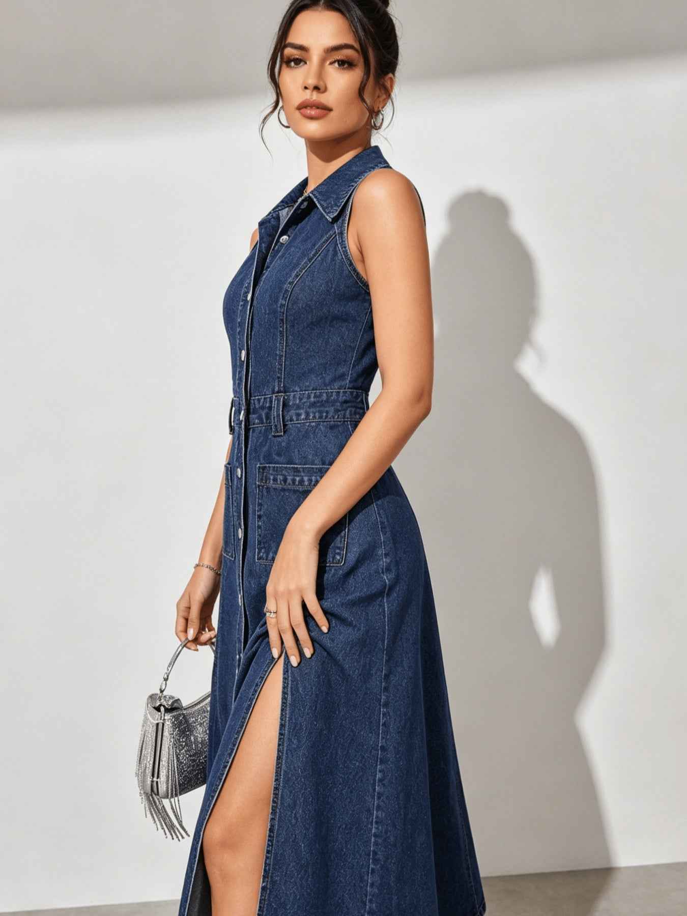 New Women's Retro-Style Washed Blue Collared Sleeveless Single-Breasted Denim Dress With Slits And Pockets, Summer Outfits For Women
