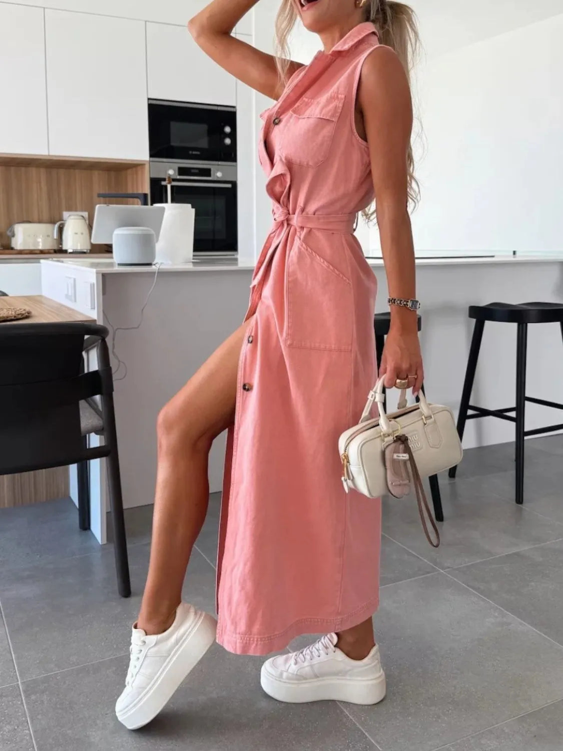 Button Front Sleeveless Denim Dress - Fashions Envy