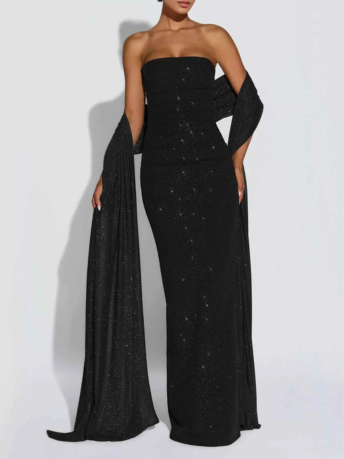 Black Glitter Tube Top Palazzo Set - Strapless Wide Leg Scarf Outfit