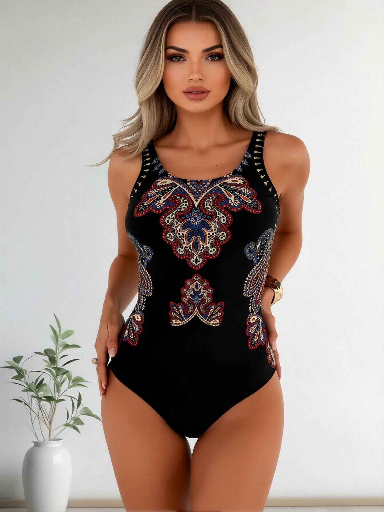 2026 New Black Paisley Print One-Piece Swimsuit, U Neck Sleeveless Ethnic Style Bathing Suit