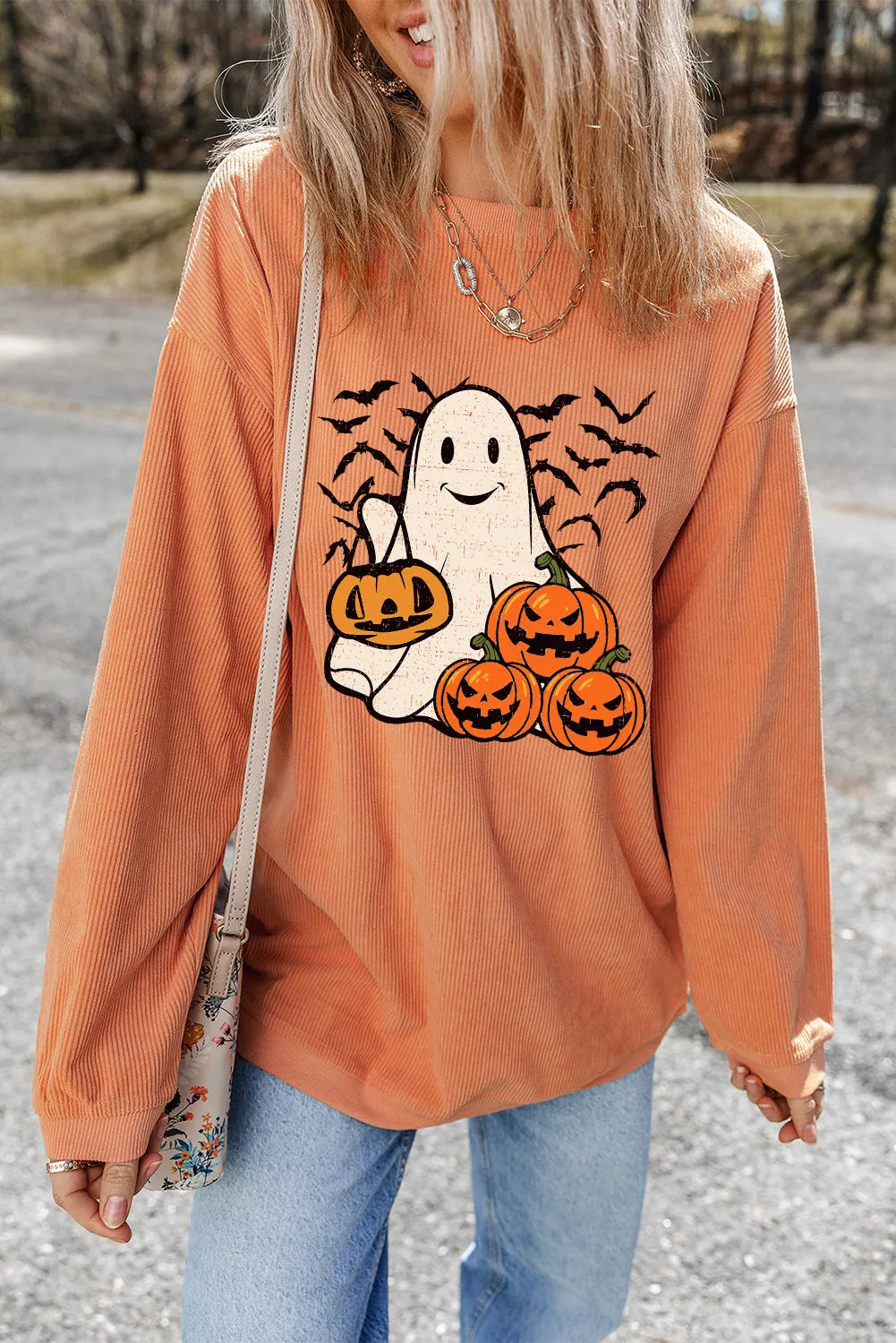 Jack-O'-Lantern Round Neck Long Sleeve Sweatshirt - Fashions Envy