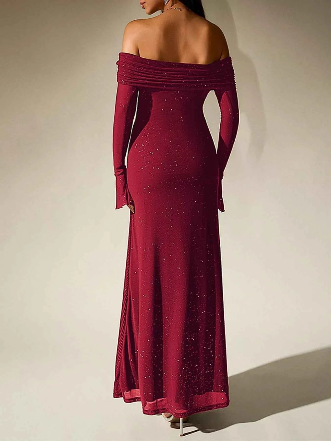 Glitter Off-Shoulder Maxi Dress
