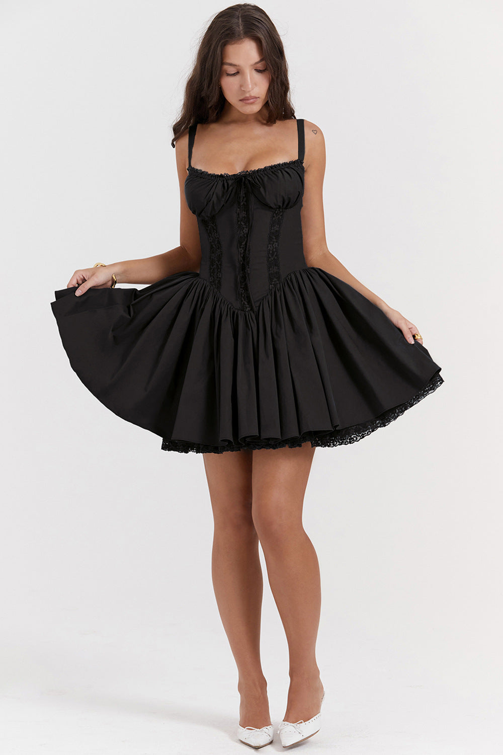 Lace-Up Corset Mini Dress - Flared Skirt and Lace Trim