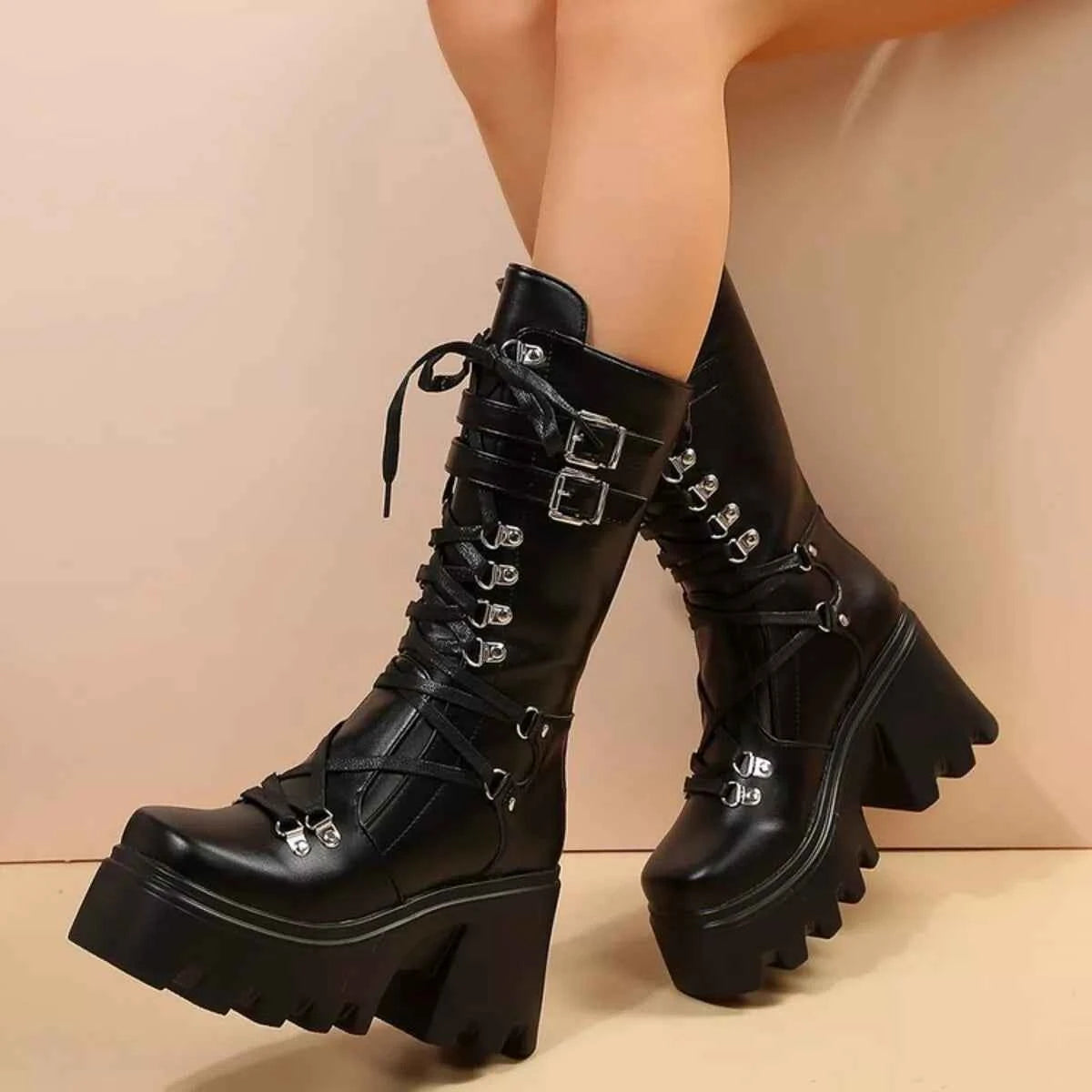 Black Lace-Up Platform Boots - Block Heel Buckle Knee-High Combat