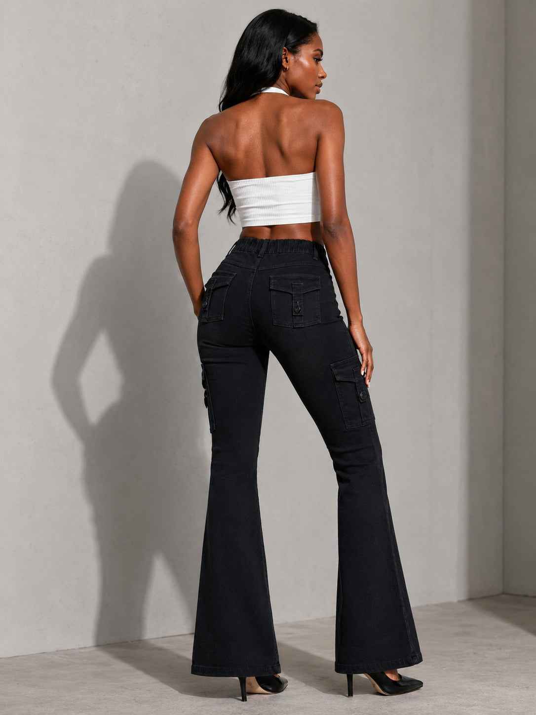 Women's High-quality Stretch Vintage Washed Cargo Flare Jeans, Y2K Style, Casual And Versatile, Suitable For All Seasons