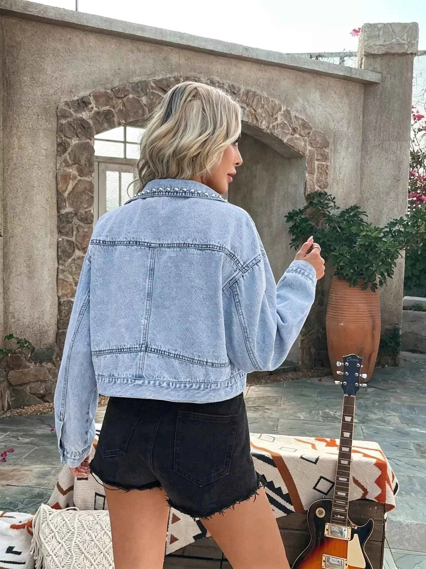 Blue Studded Denim Jacket - Button Up Streetwear