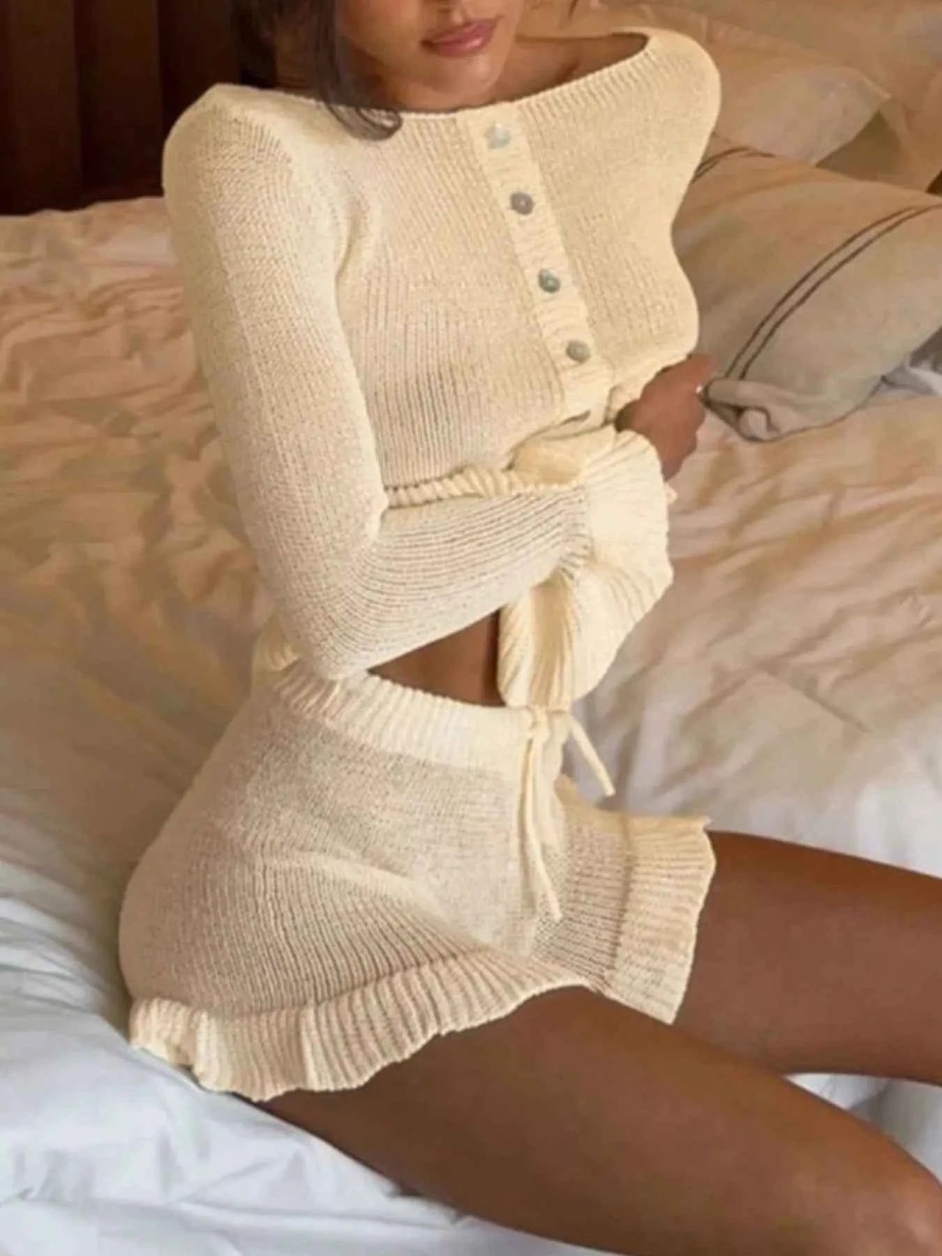 Beige Button Cardigan Set - Ruffle Cuff Top and Drawstring Shorts