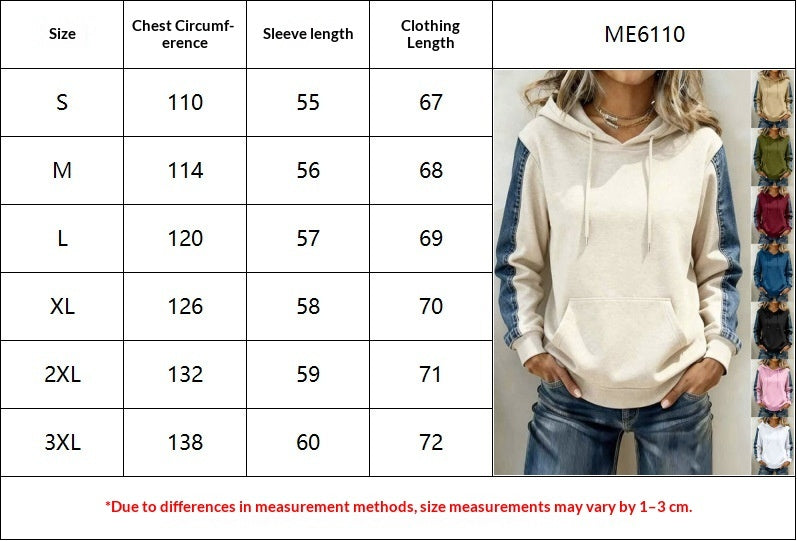 Denim Patchwork Hooded Sweatshirt - Roomy Front Pocket