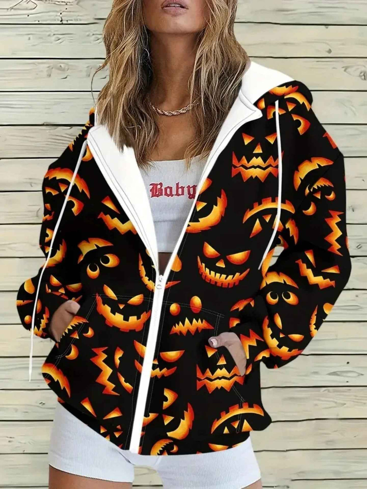 Halloween Graphic Zip-Up Hoodie - Drawstring Hood Pockets