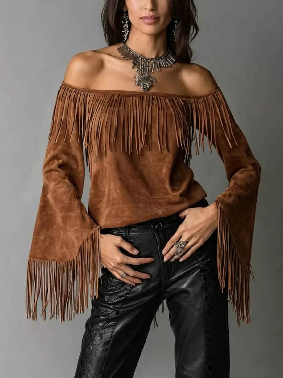 Fringe Off-Shoulder Top - Woven Trim Boho Festival Style