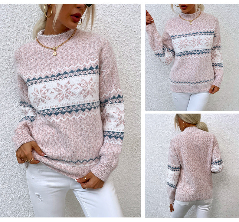 Christmas Snowflake Knit Sweater - Mock Neck and Ribbed Trim