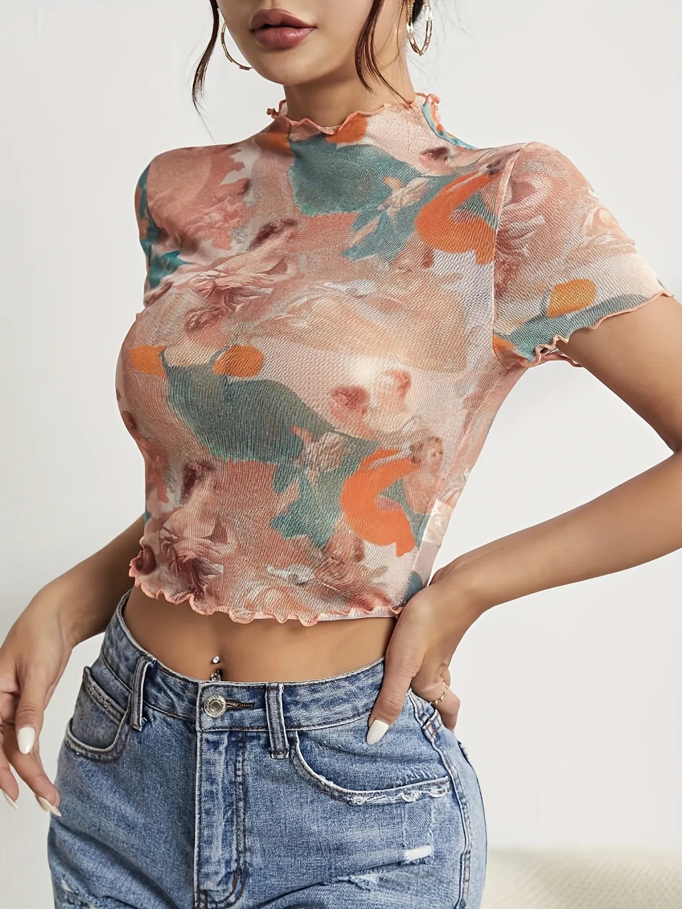Abstract Print Ruffled Mock Neck Crop T-Shirt - Fashions Envy