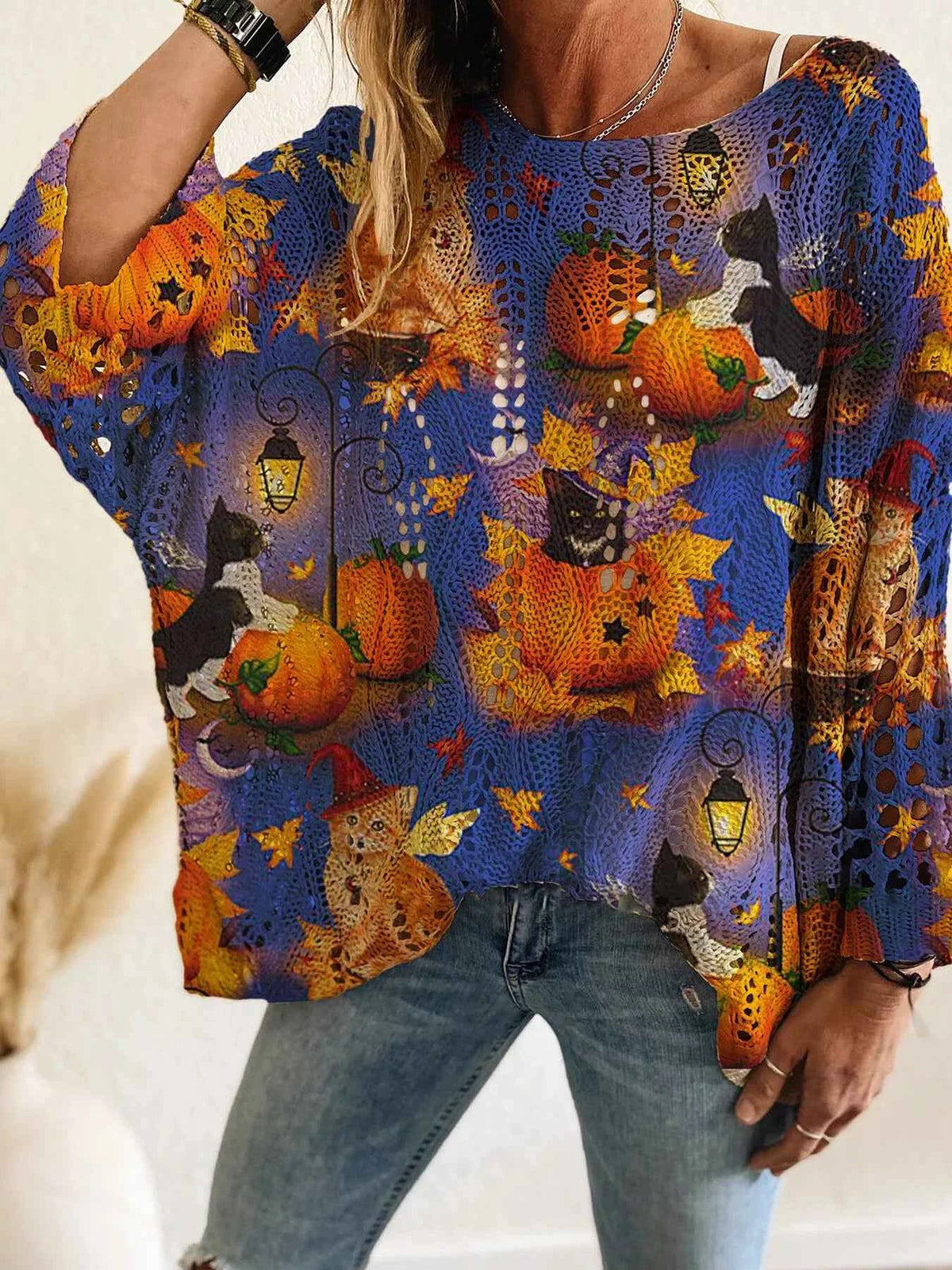 Halloween Pumpkin Knit Cover Up - Oversized Openwork Bat Print Top