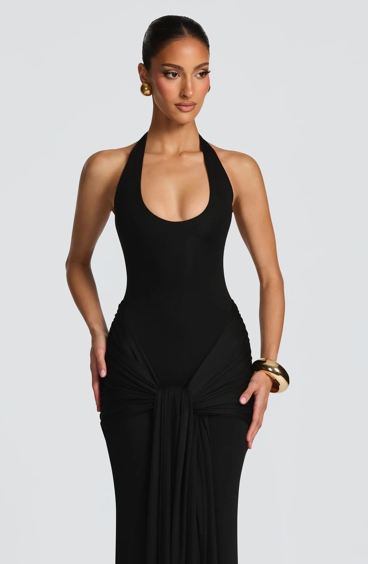 Open Back Pleated Dress - Patchwork Bodycon Gown