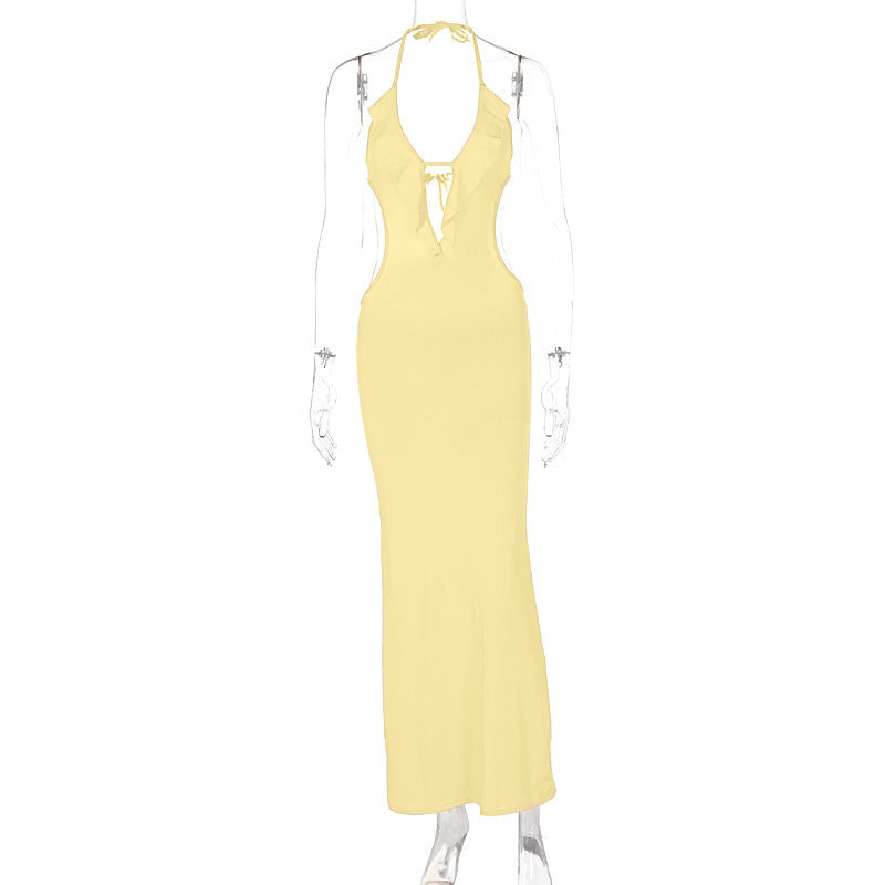 Women's Ruffled V Neck Halter Maxi Dress - Slim Fit Sling - Fashions Envy