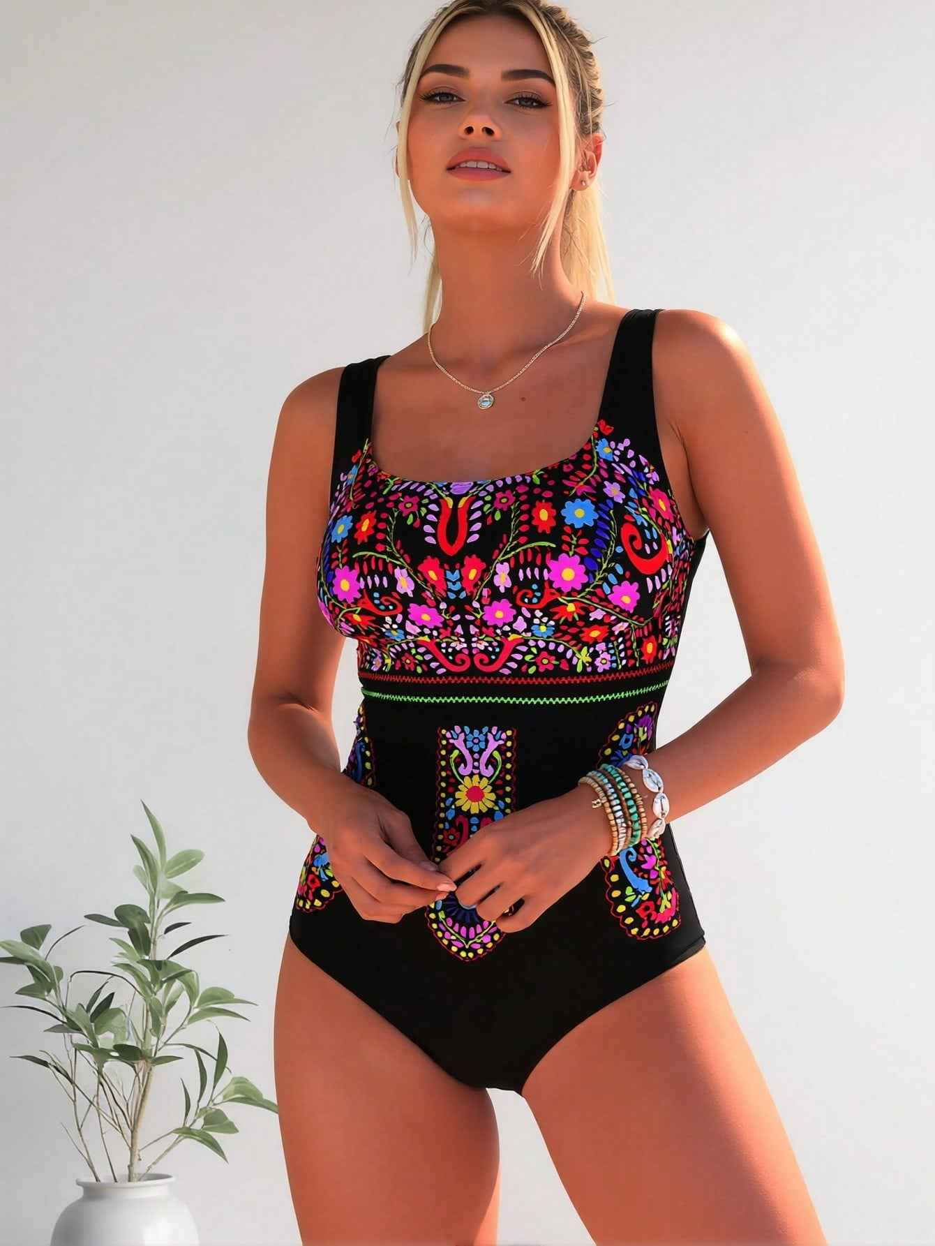 2026 New Mexican Floral Embroidery Print One Piece Swimsuit, Square Neck Ethnic Tummy Control Bathing Suit
