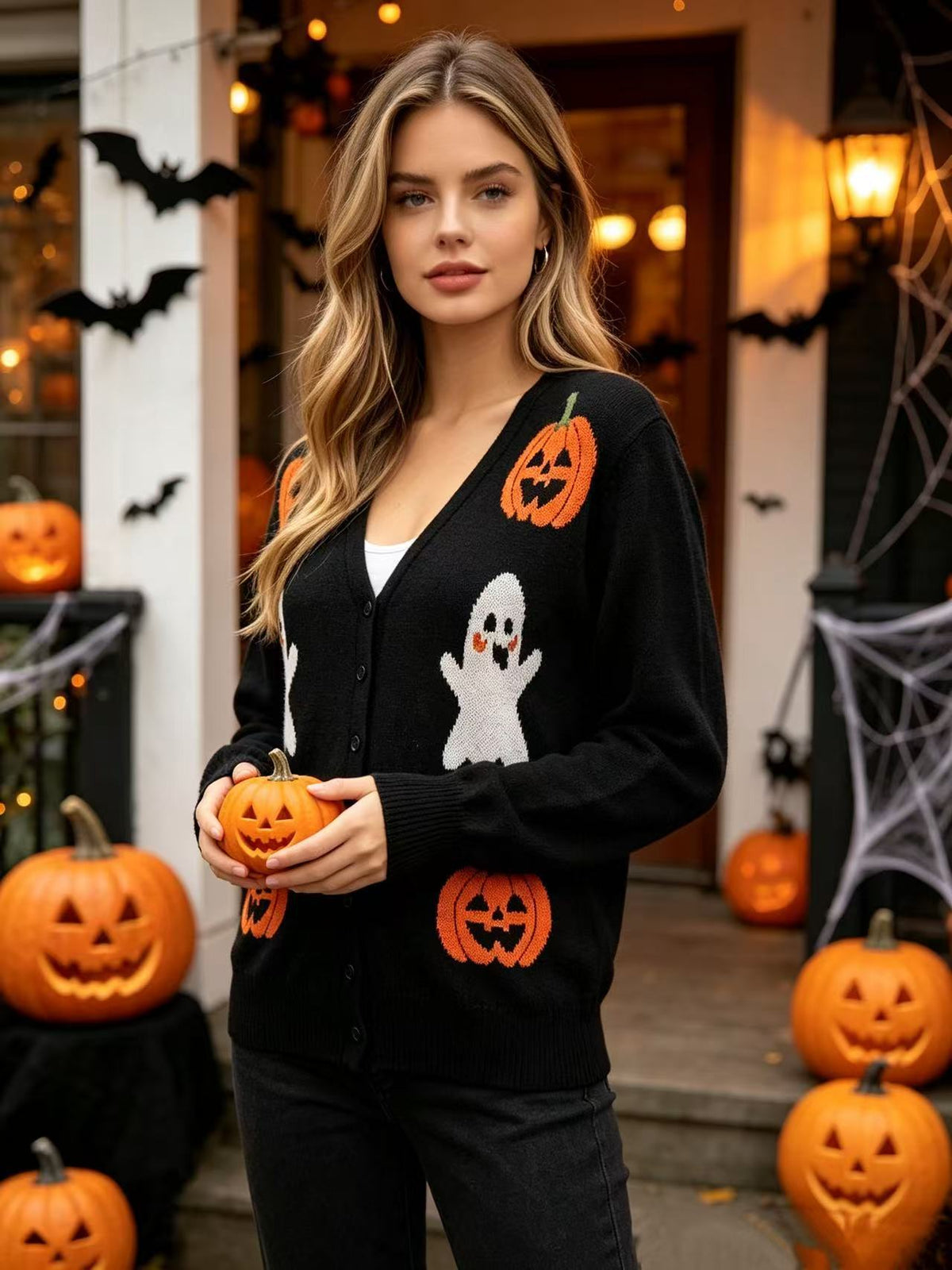 Black knit cardigan with ghost and pumpkin motifs, button-front V-neck