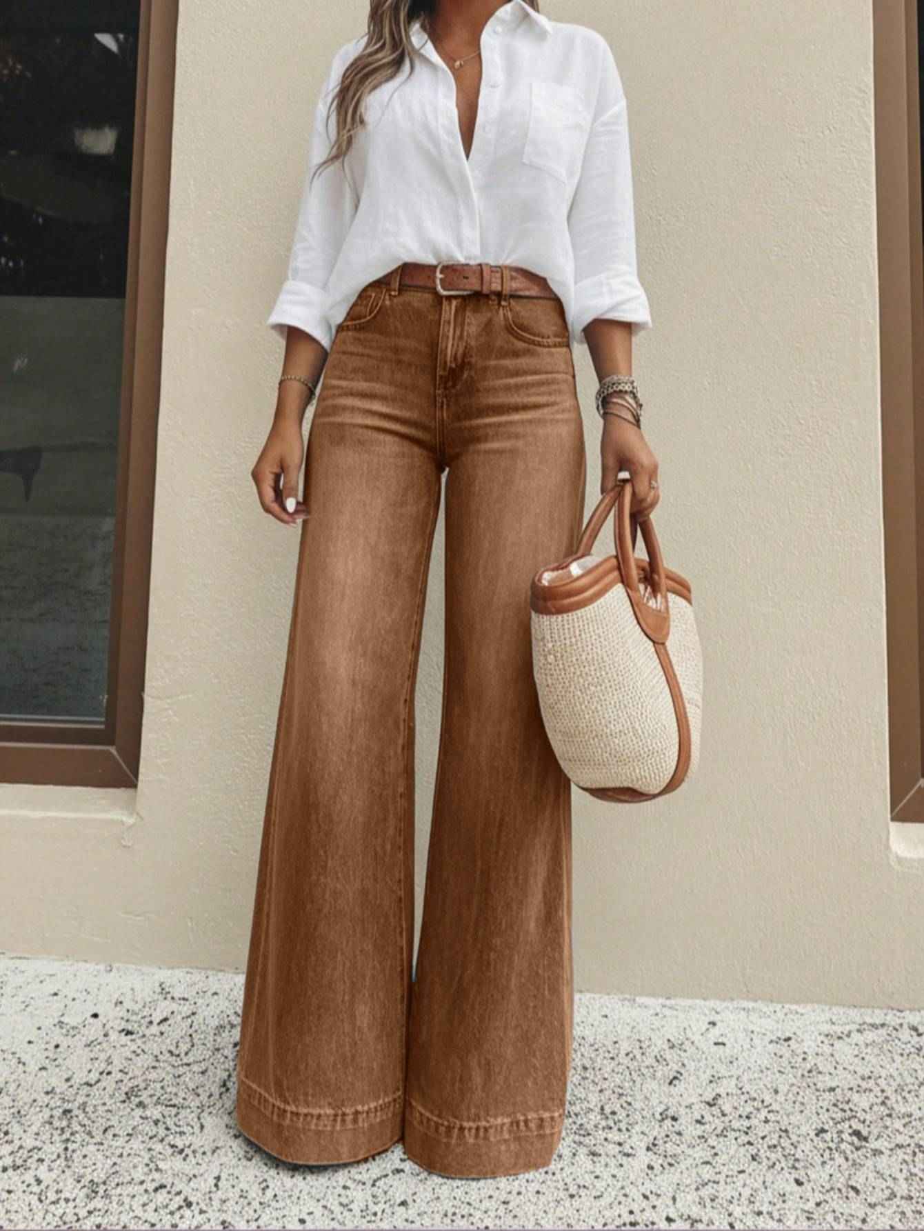 Brown Washed Wide-Leg Jeans - Vintage Caramel High-Rise Denim