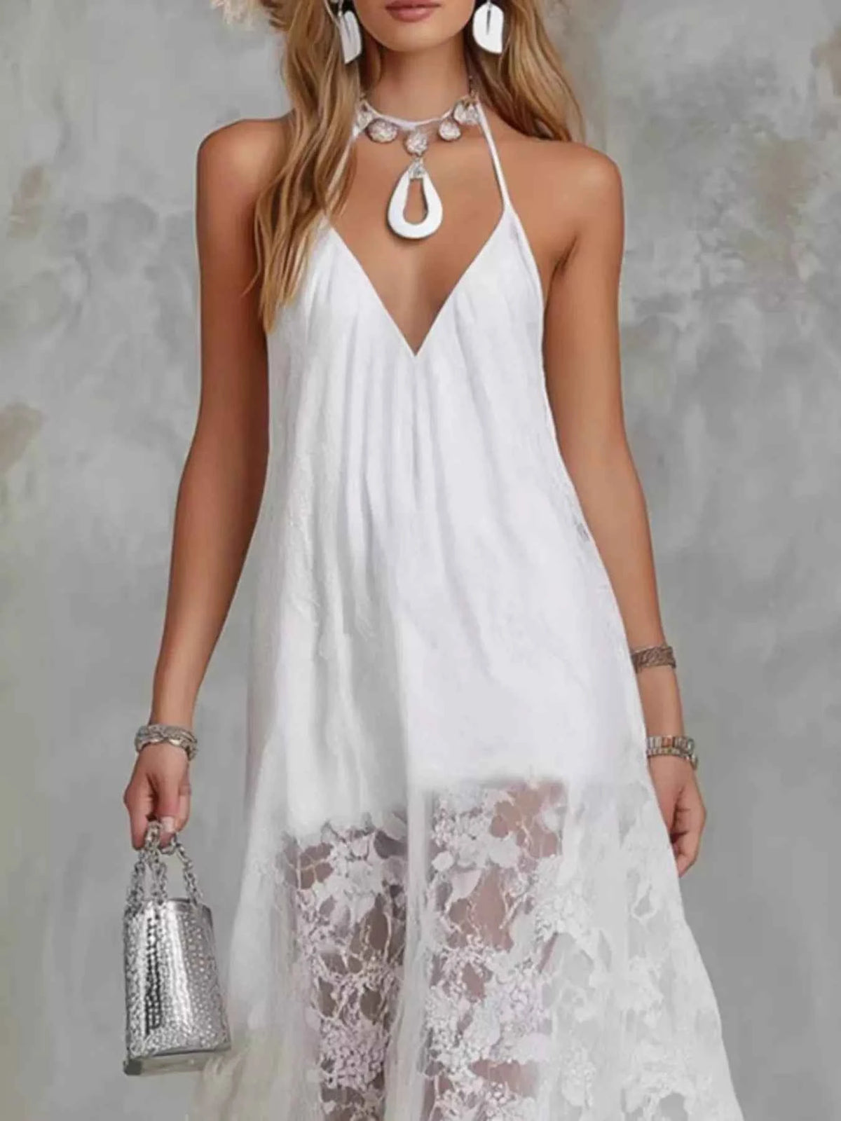 White Halter Neck Maxi Dress - Floral Lace Hem Panels