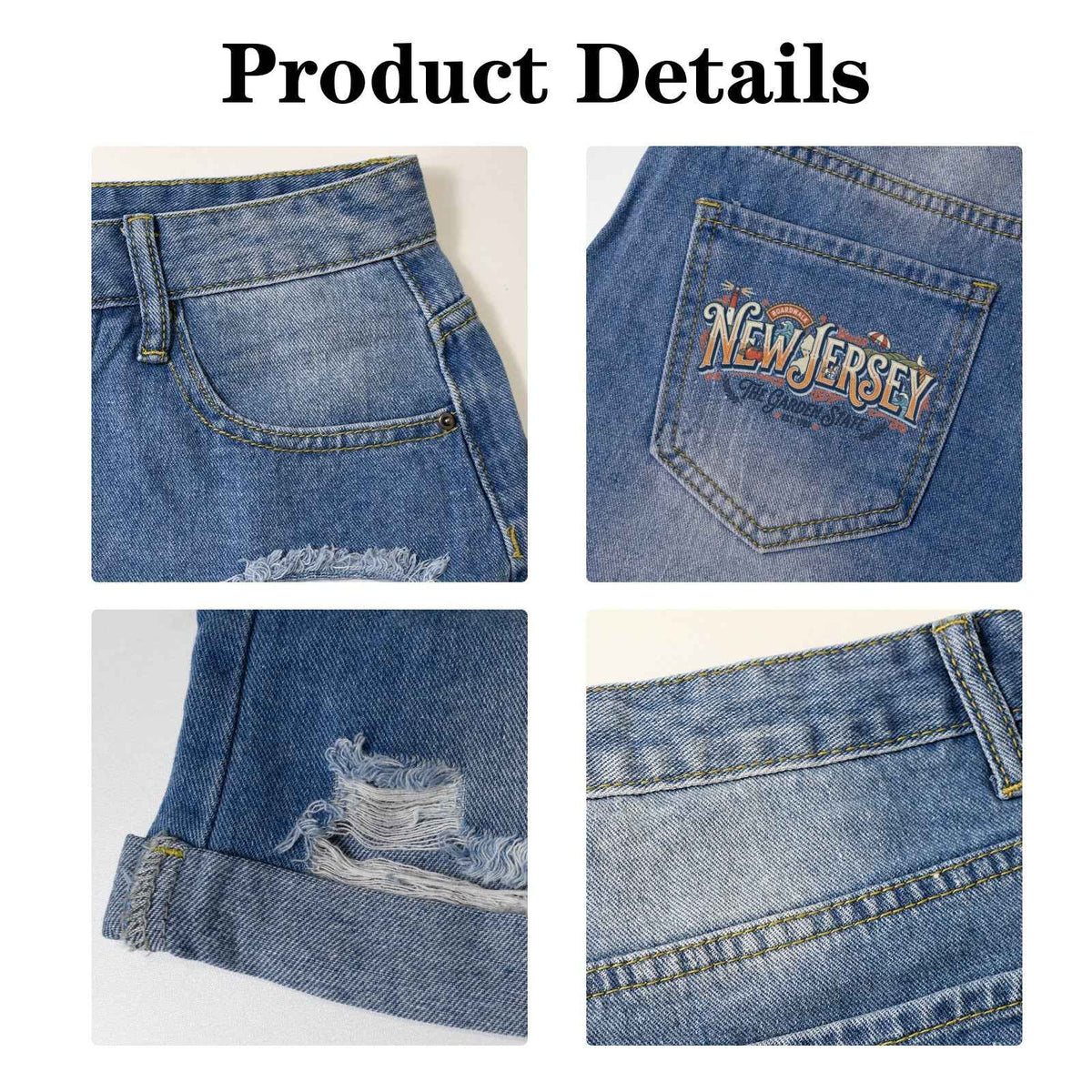 Light Wash New Jersey Garden State Denim Shorts - Pocket Print