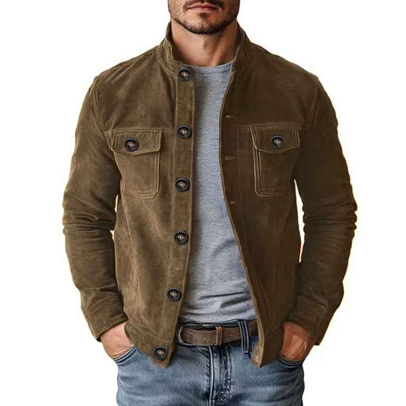 Men's Faux Suede Jacket - Button Front Chest Pockets