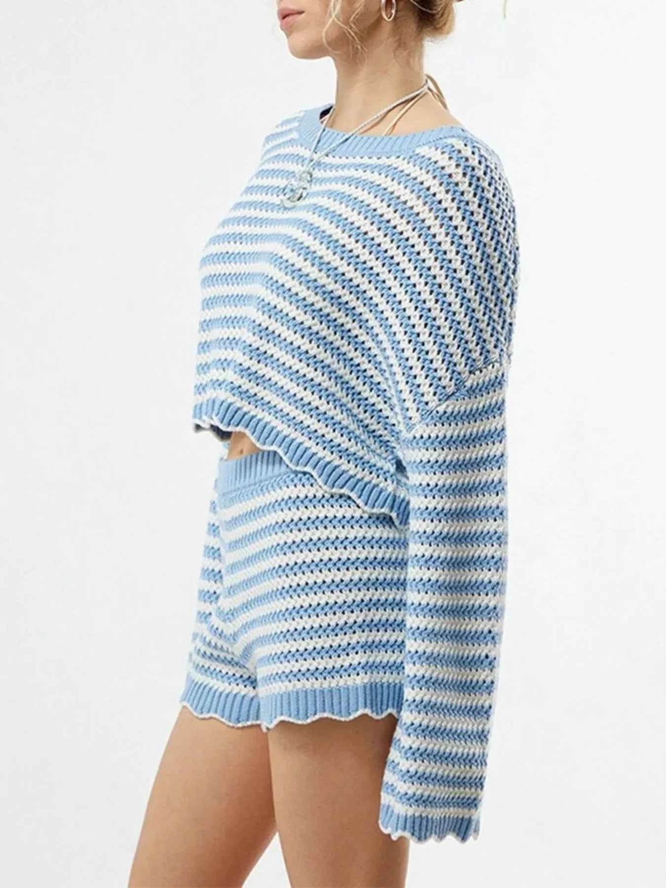 Blue Striped Knit Crop Top and Shorts Set - Scalloped Hem Lace-Up Back