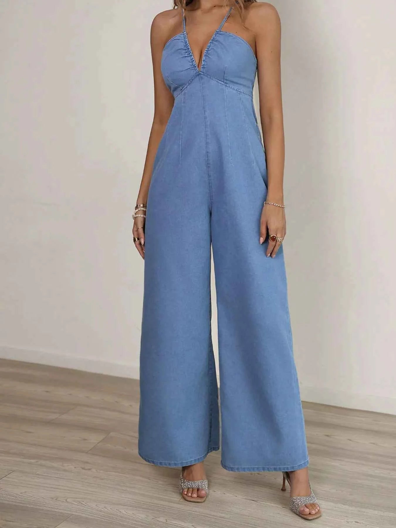 Wide Leg Blue Denim Jumpsuit - Tied Spaghetti Strap