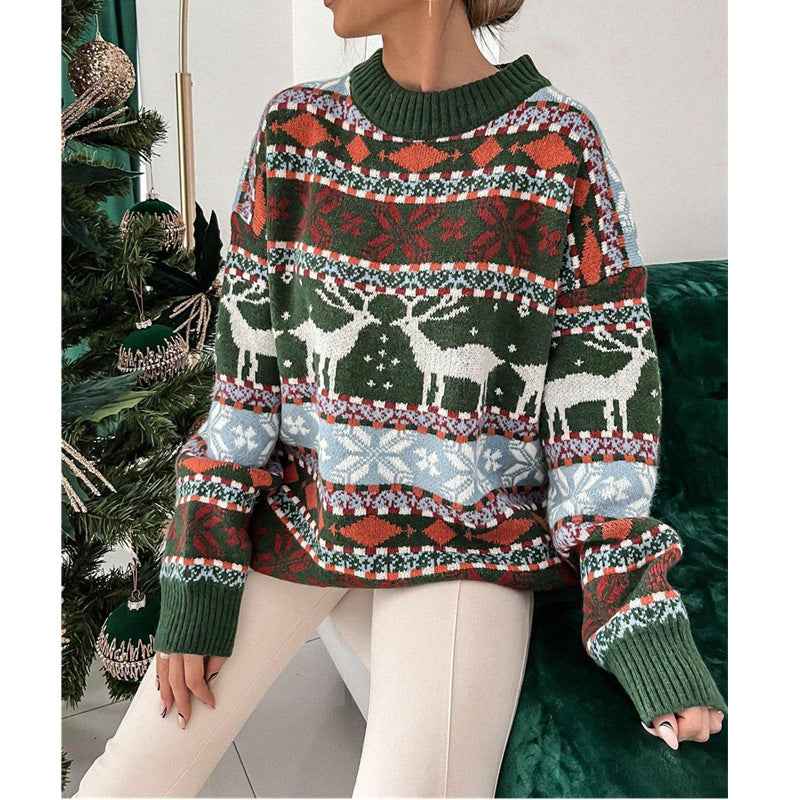 Christmas Reindeer Knit Sweater - Snowflakes and Ribbed Trim