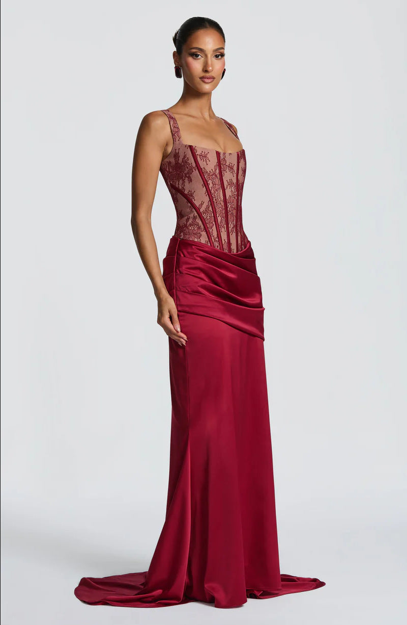 Lace Corset Top and Maxi Skirt Set - Ruched Satin-Look Finish
