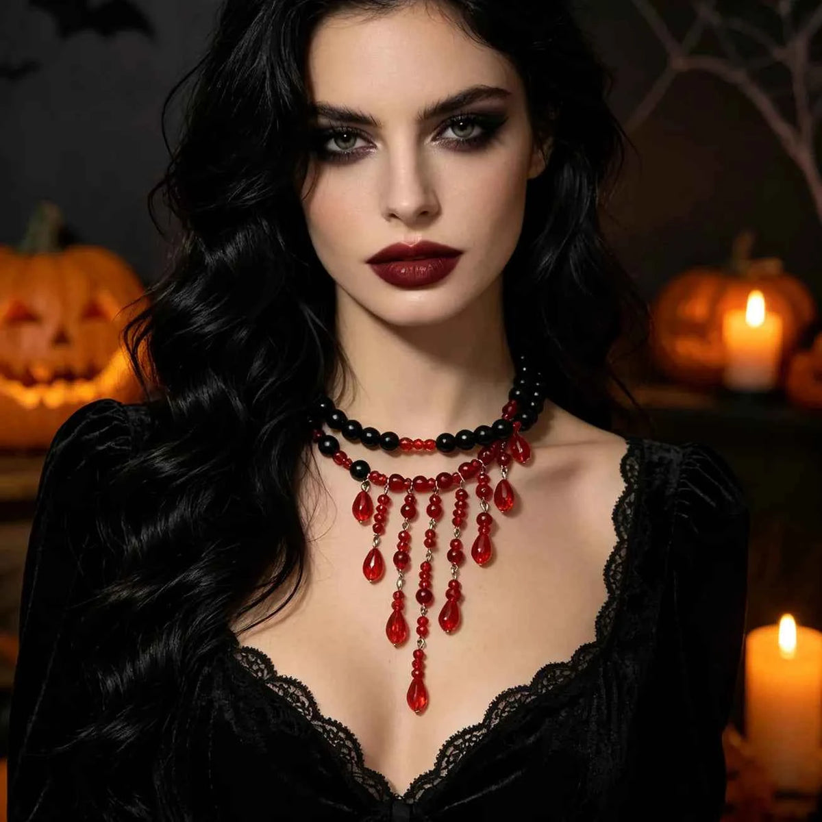 Halloween Teardrop Beaded Double Layer Necklace - Vampire Drip