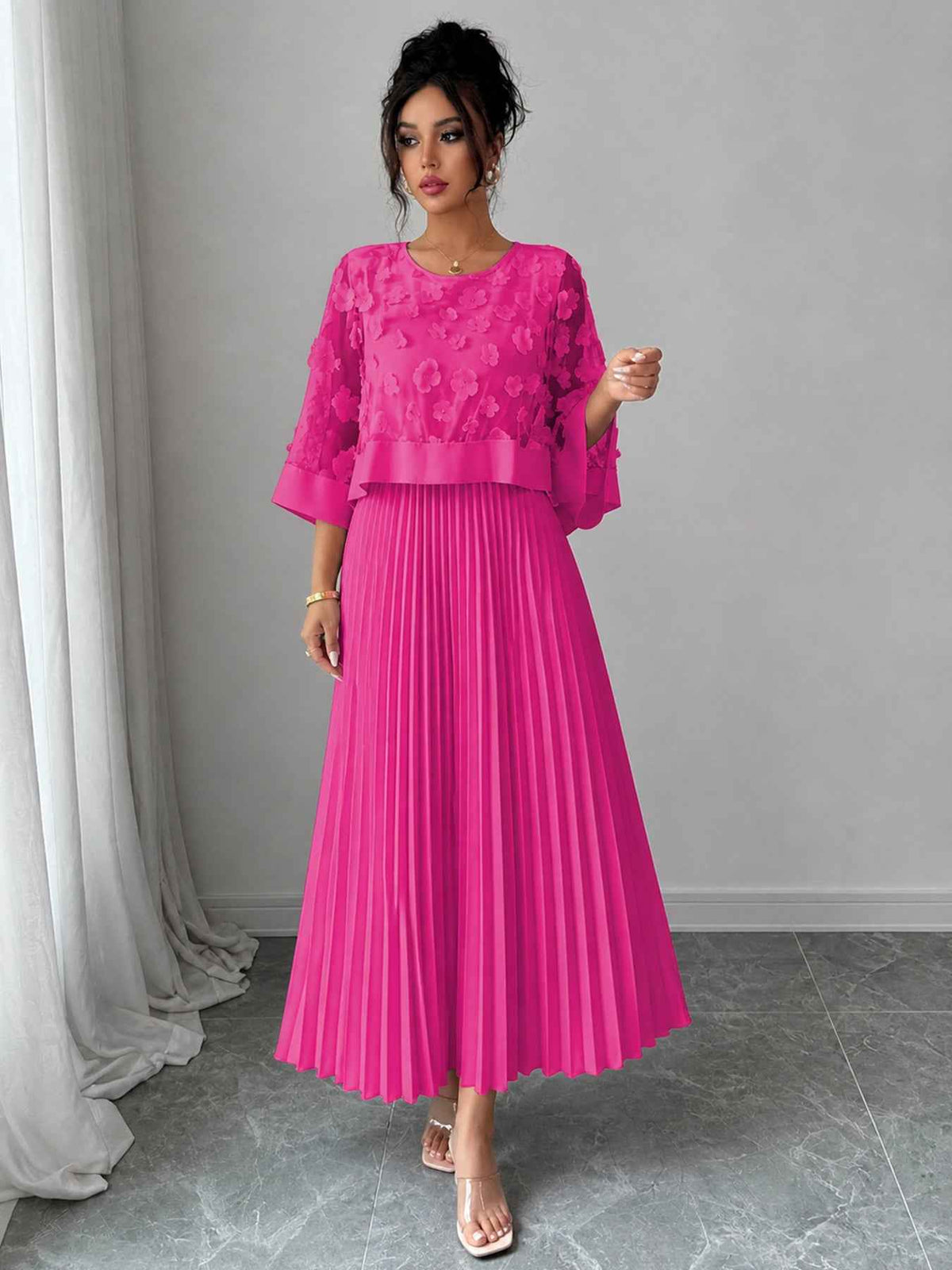 Elegant A-line Pleated Dress With Appliqued Mesh Paneling, Vacation Outfits Women, Summer Outfits For Women