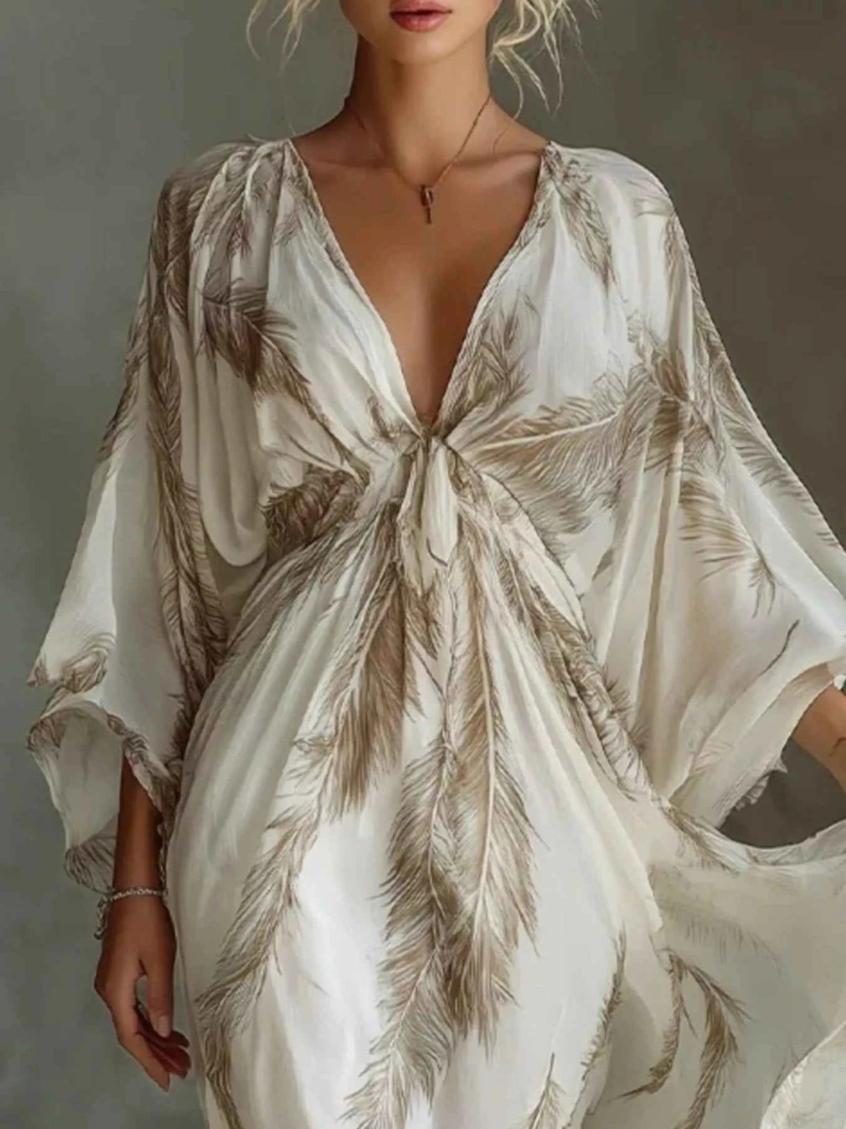 Feather Print Tie Front Maxi Dress - Flowing Sleeve Detail