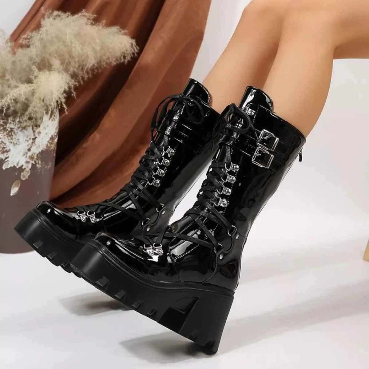 Black Lace-Up Platform Boots - Block Heel Buckle Knee-High Combat