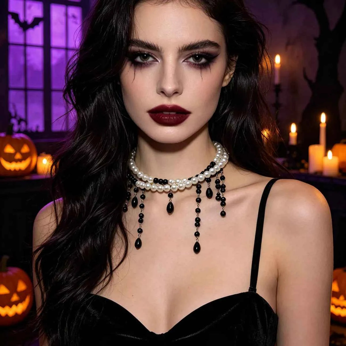 Pearl Double-Strand Choker - Teardrop Bead Fringe Gothic