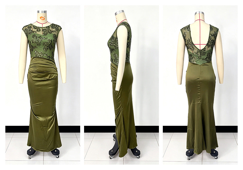 Olive green mermaid gown with floral mesh bodice and deep V-back