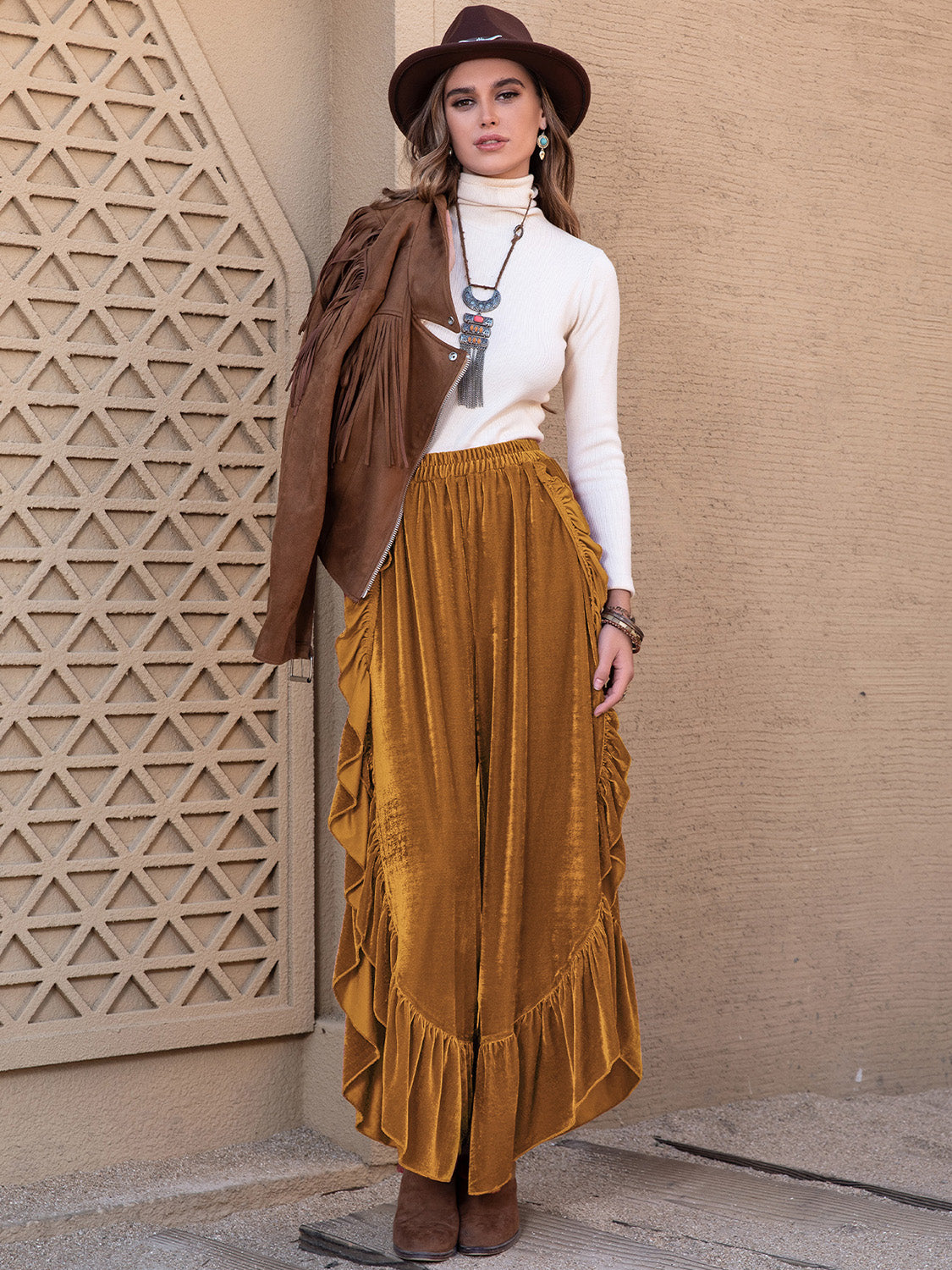 Ruffled Wide Leg Pants - Slit Detail Flowy Style