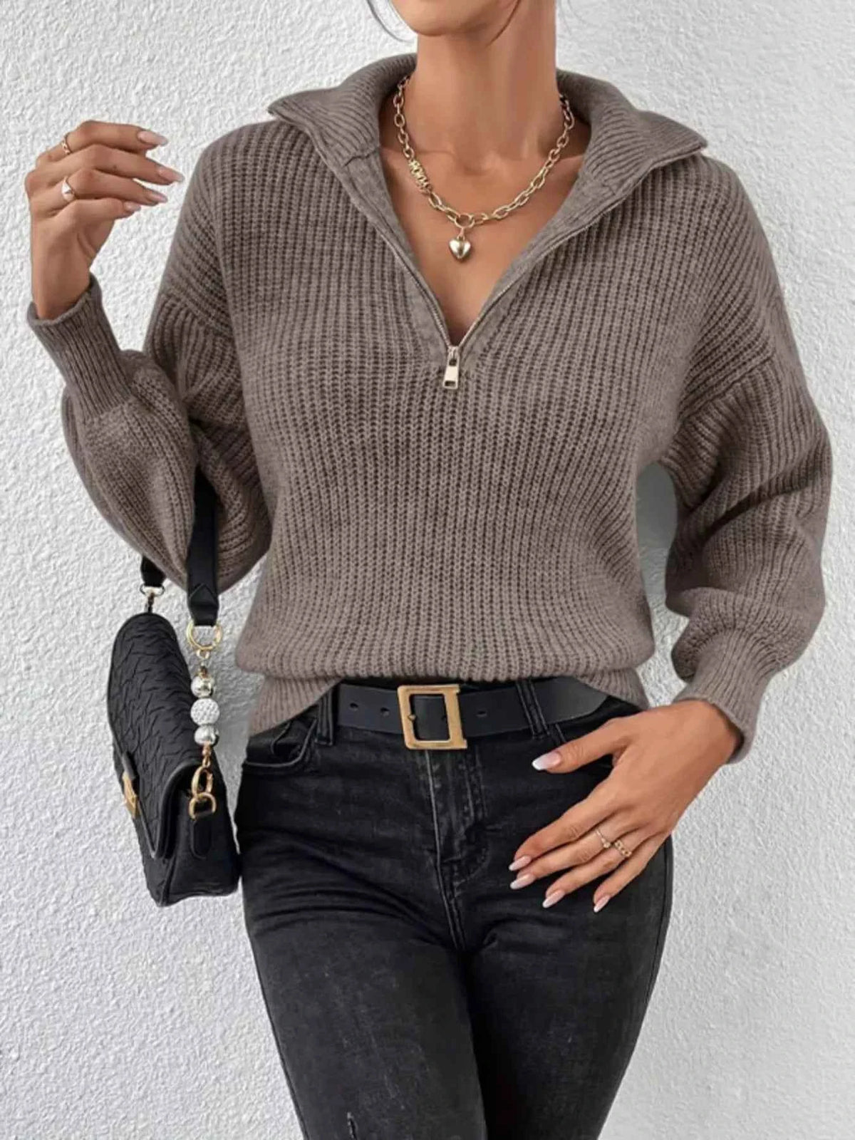 Ribbed Quarter Zip Sweater - Dropped Shoulder Relaxed Fit