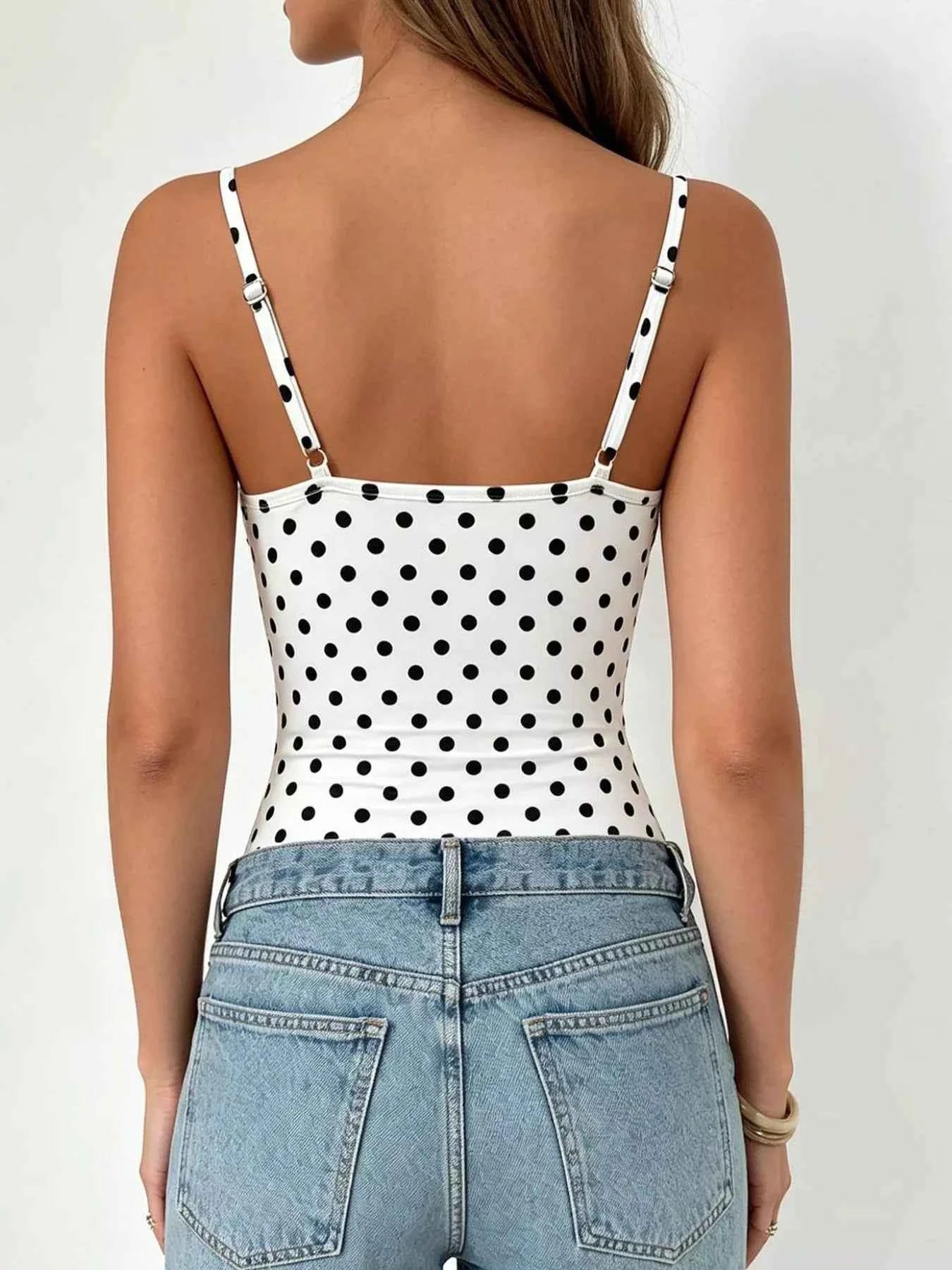 Polka Dot Cowl Neck Spaghetti Strap Bodysuit