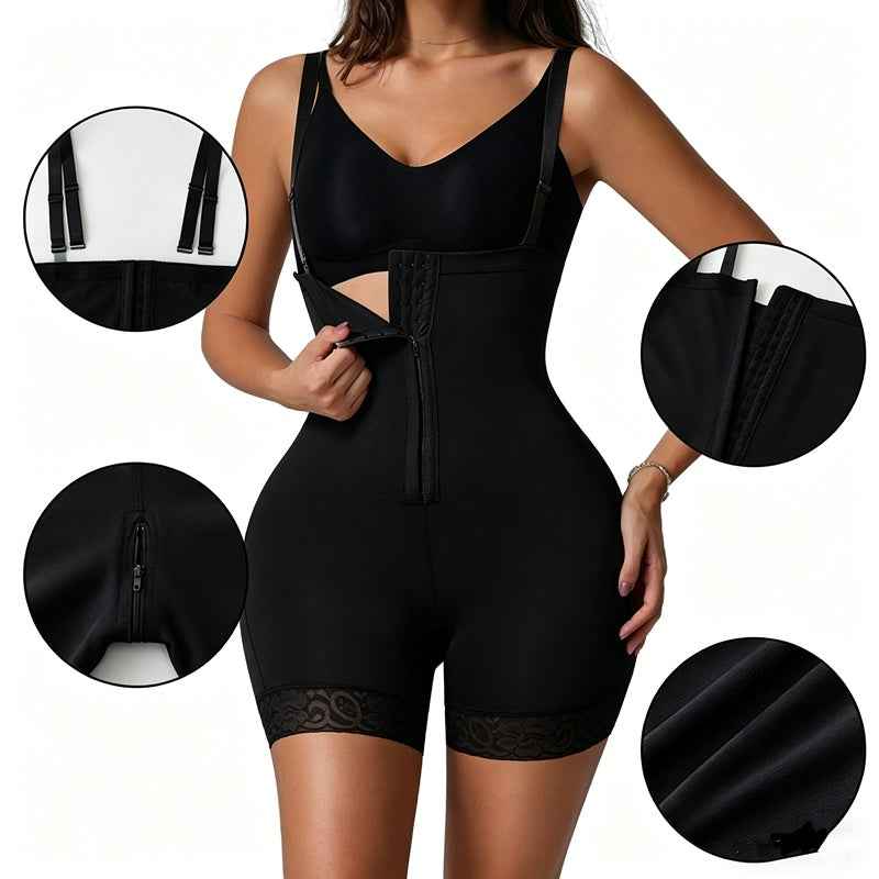 Women's Bodysuit With Tummy Control, High Compression Waist Trainer Shapewear, Seamless Body Shaper With Lace Trim, Adjustable Straps, Zipper Crotch