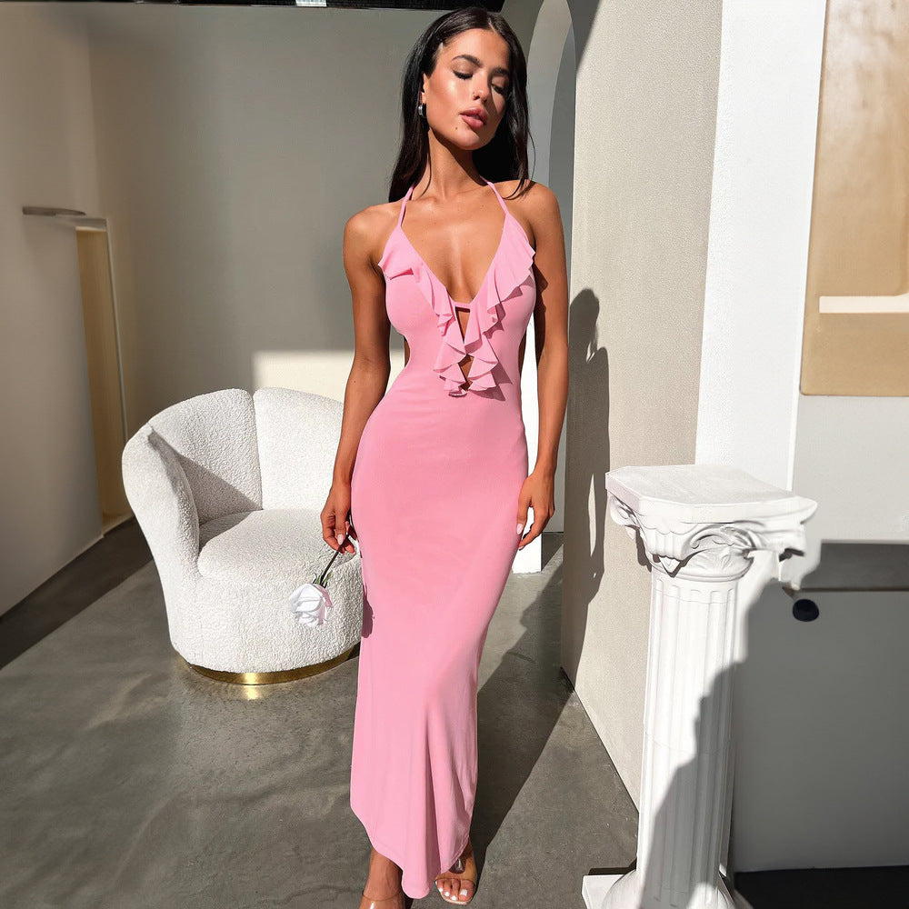 Women's Ruffled V Neck Halter Maxi Dress - Slim Fit Sling - Fashions Envy