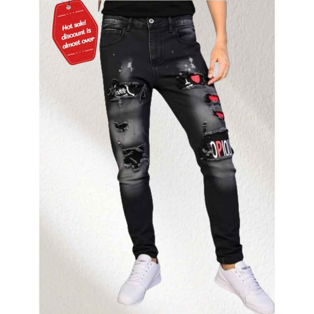 Black Ripped Jeans Men - Heart Patch Graffiti Denim