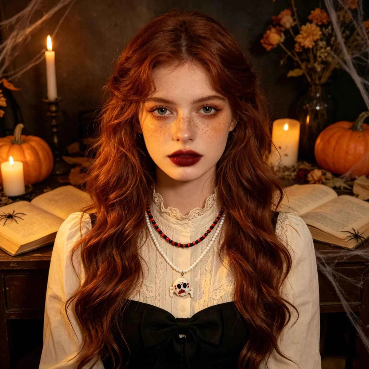 White Skull Bead Layered Necklace - Gothic Pendant Set