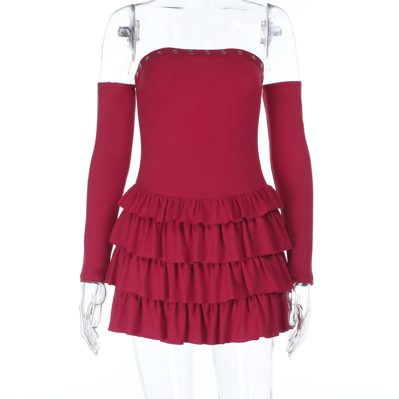 Bustier Dress - One-Shoulder Long Sleeve Slim Fit