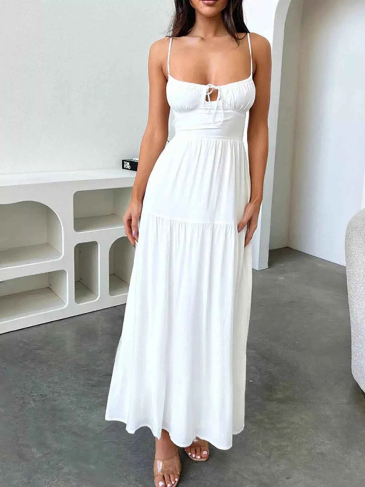 Lace-Up Back Maxi Dress - Ruched Bust Tiered Cami