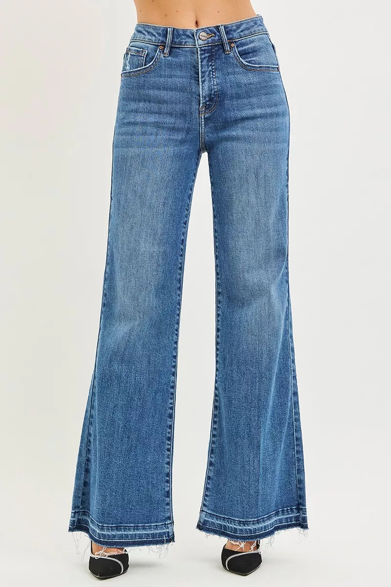 RISEN Wide Leg Jeans - Women's High Rise Released Hem - Fashions Envy