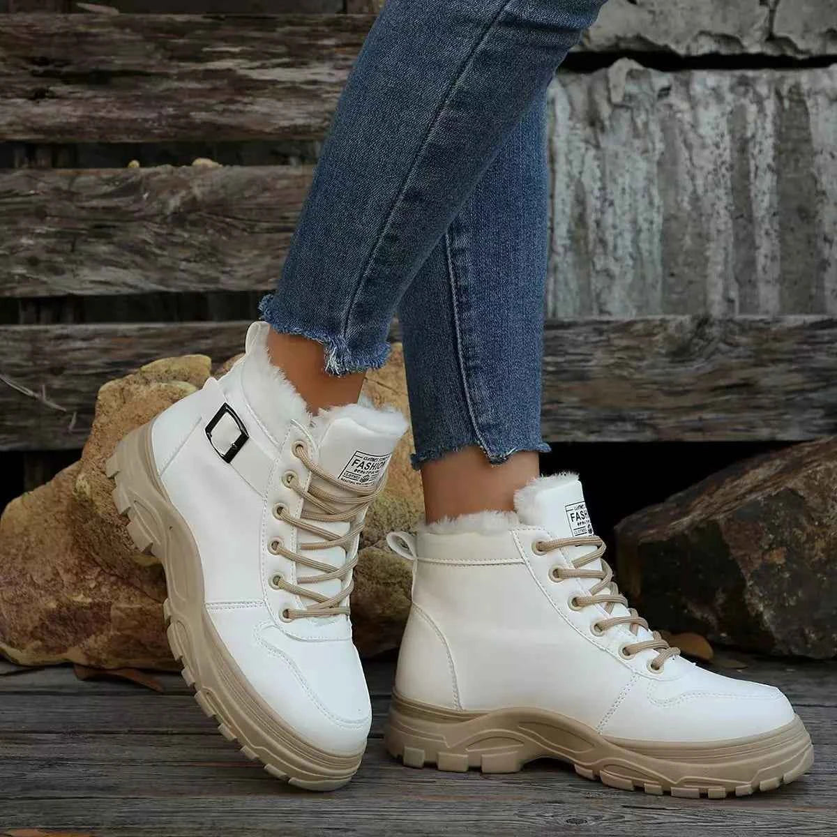 Lace-Up Snow Ankle Boots - Fleece-Lined Buckle Platform