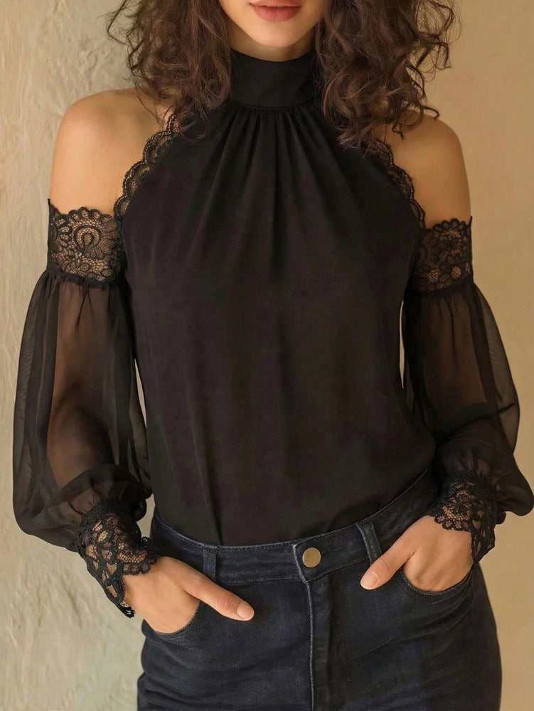 Lace-Trim Cold-Shoulder Blouse - Sheer Balloon Sleeves