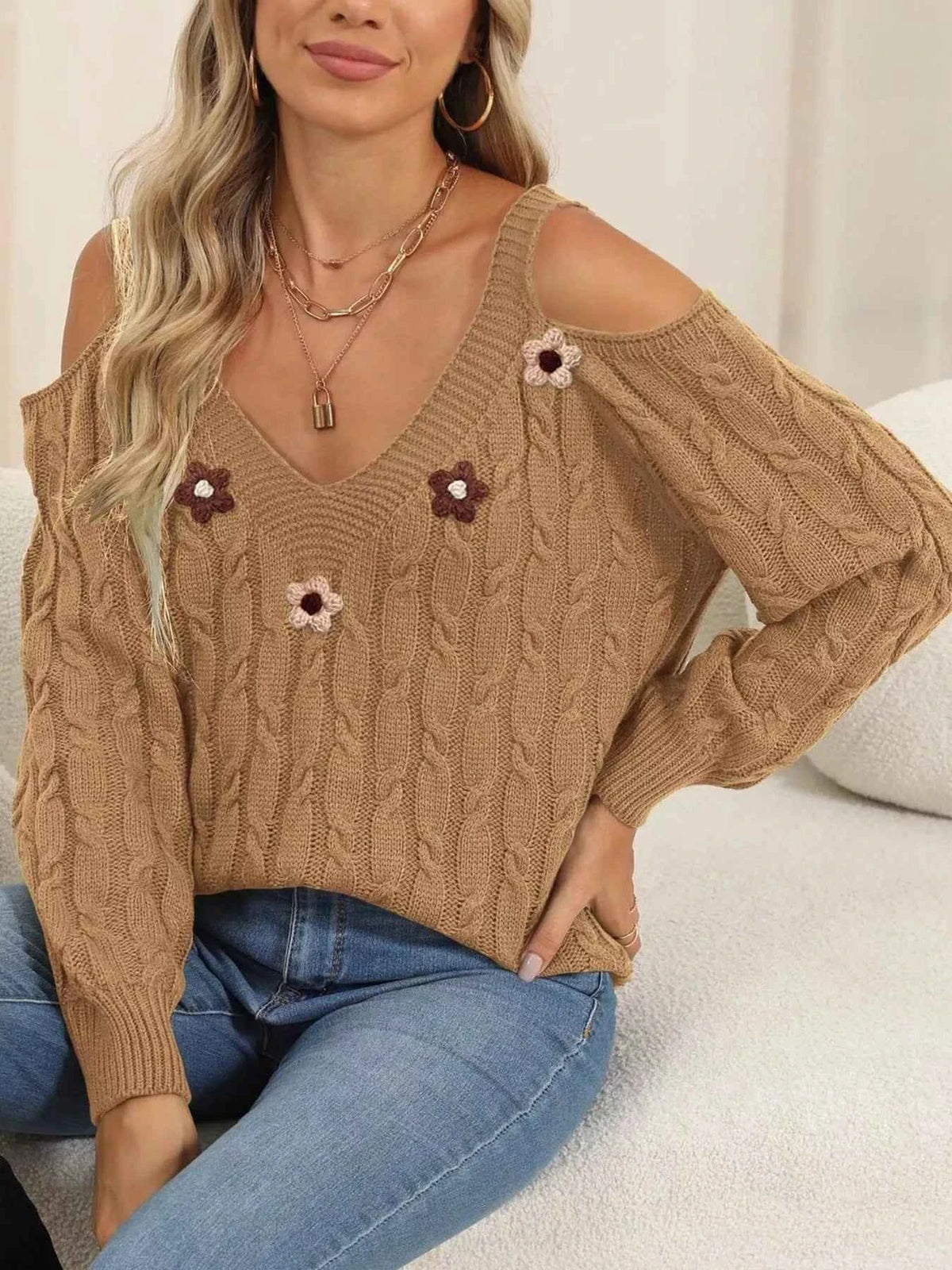 Cold Shoulder Cable Knit Sweater - Floral Applique Detail